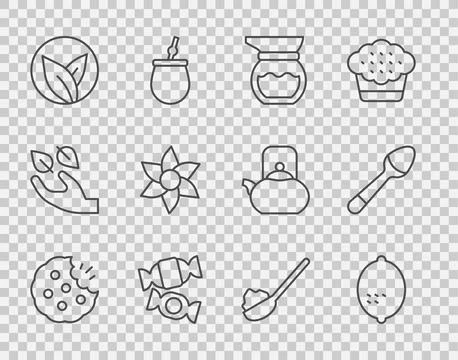 Set line Cookie or biscuit, Lemon, Teapot, Candy, leaf, Flower, Spoon with sugar Illustration