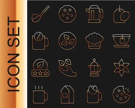 Set line Cookie or biscuit, Flower, Cup with tea bag, Electric kettle, Tea leaf Illustration