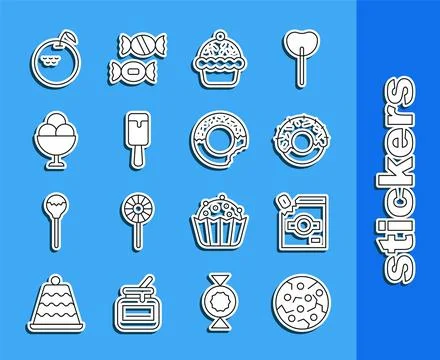 Set line Cookie or biscuit, Candy packaging for sweets, Donut, Cupcake, Ice Illustrazione stock