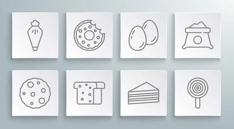 Set line Cookie or biscuit, Donut, Bread toast, Cake, Lollipop, Easter eggs.. Stock Illustration