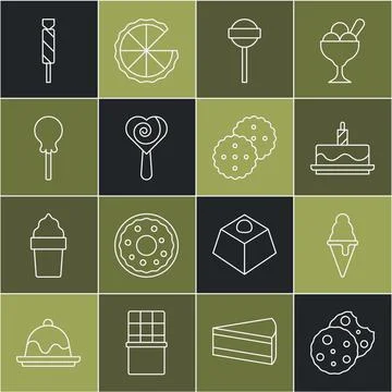 Set line Cookie or biscuit, Ice cream in waffle cone, Cake with burning can.. Stock Illustration