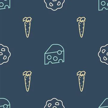 Set line Cookie or biscuit, Carrot and Cheese on seamless pattern. Vector Stock Illustration