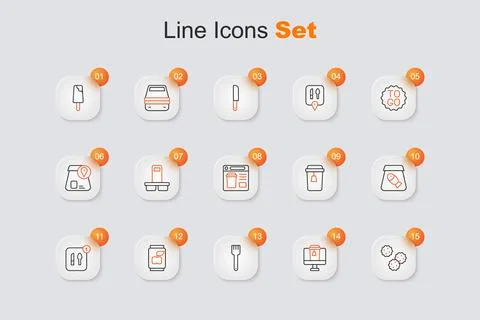 Set line Cookie or biscuit, Online ordering food, Fork, Soda can, Food, fis.. Stock Illustration