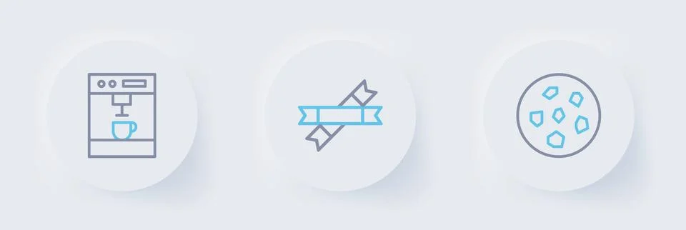 Set line Cookie or biscuit, Sugar stick packets and Coffee machine icon. Vect Stock Illustration