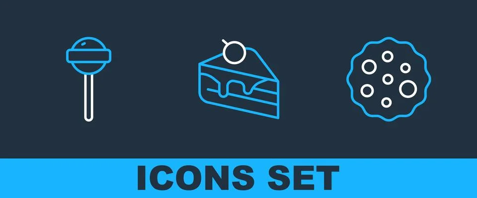 Set line Cookie or biscuit, Lollipop and Piece of cake icon. Vector Stock Illustration