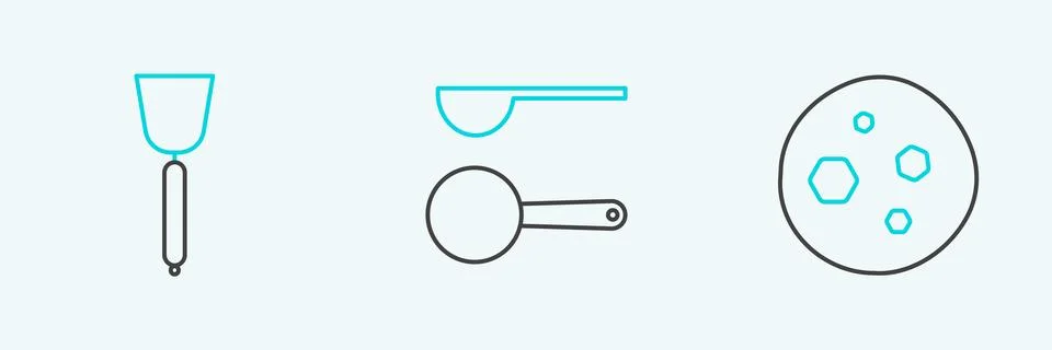 Set line Cookie or biscuit with chocolate, Spatula and Measuring spoon icon.. Illustrazione stock