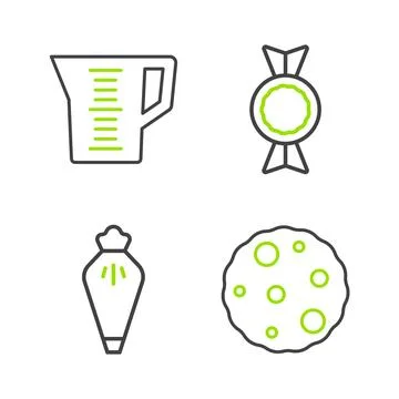 Set line Cookie or biscuit, Pastry bag, Candy and Measuring cup icon. Vector Stock Illustration
