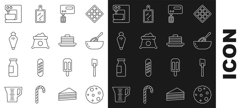Set line Cookie or biscuit, Spatula, Kitchen whisk and bowl, Electric mixer.. Stock Illustration