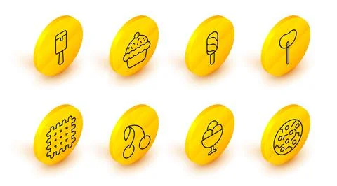 Set line Cookie or biscuit, Ice cream in bowl, Cherry, Cracker, Lollipop, C.. Stock-Illustration