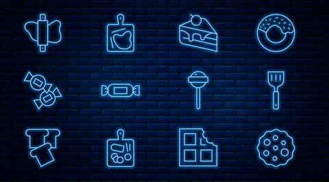 Set line Cookie or biscuit, Spatula, Piece of cake, Candy, Rolling pin on d.. Stock Illustration