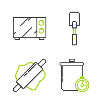 Set line Cooking pot and kitchen timer, Rolling pin, Spatula and Microwave .. Stockillustratie