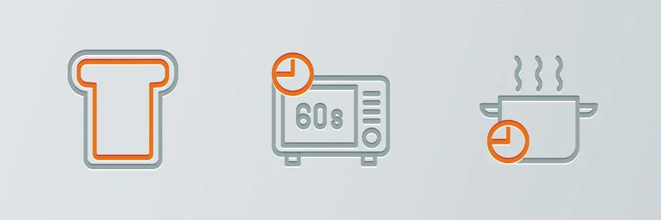 Set line Cooking pot, Bread toast and Microwave oven icon. Vector Illustrazione stock