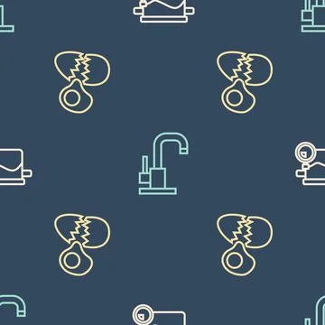 Set line Cooking pot, Broken egg and Water tap on seamless pattern. Vector Illustrazione stock