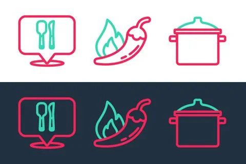 Set line Cooking pot, Cafe and restaurant location and Hot chili pepper pod icon Illustration