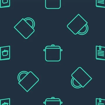 Set line Cooking pot, Coffee cup and Cookbook on seamless pattern. Vector Stock Illustration