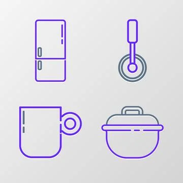Set line Cooking pot, Coffee cup, Pizza knife and Refrigerator icon. Vector Stock Illustration