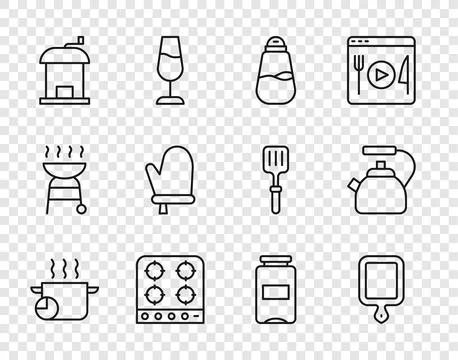 Set line Cooking pot, Cutting board, Salt, Gas stove, Manual coffee grinder.. Stock Illustration