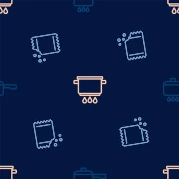 Set line Cooking pot on fire, Packet of pepper and on seamless pattern. Vector Stock Illustration