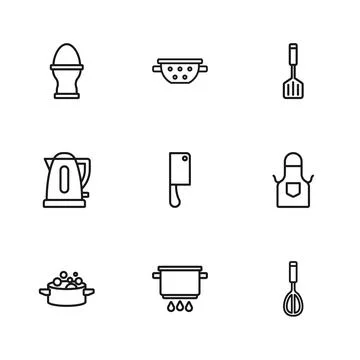 Set line Cooking pot on fire, Kitchen apron, whisk, Meat chopper, Spatula, .. Stock Illustration