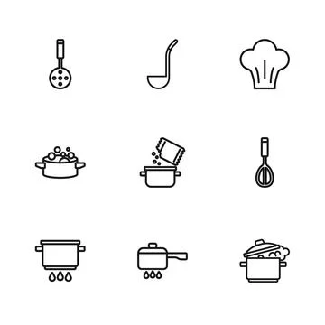 Set line Cooking pot on fire, Kitchen whisk, and spice, Chef hat, Spatula, .. Stock Illustration