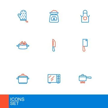 Set line Cooking pot on fire, Microwave oven, Meat chopper, Knife, Kitchen .. Stock Illustration