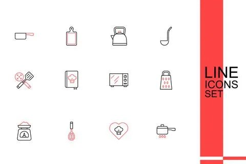Set line Cooking pot on fire, Chef hat, Kitchen whisk, Scales, Grater, Micr.. Stock Illustration