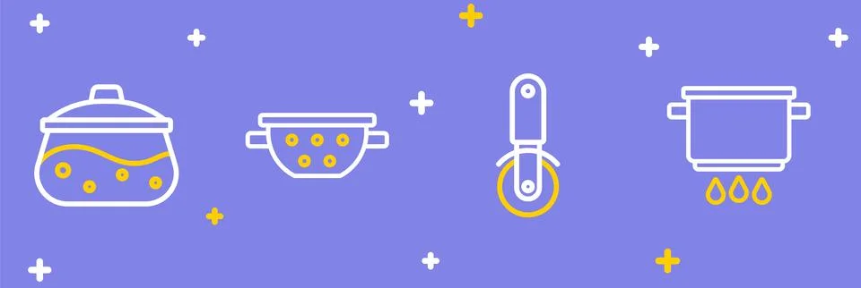 Set line Cooking pot on fire, Pizza knife, Kitchen colander and  icon. Vector Stock Illustration