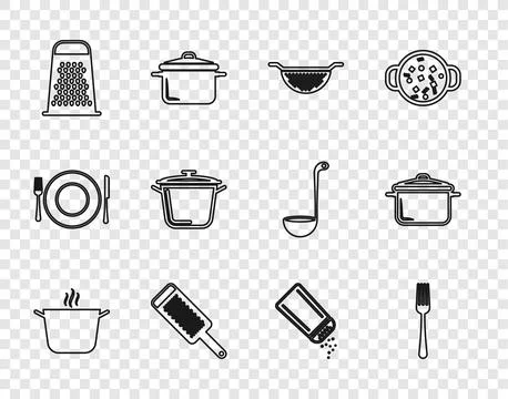 Set line Cooking pot, Fork, Kitchen colander, Grater, Salt pepper and  icon.. Stock-Illustration