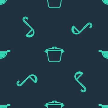 Set line Cooking pot, Kitchen ladle and colander on seamless pattern. Vector イラスト素材