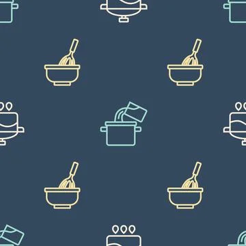 Set line Cooking pot, Kitchen whisk with bowl and on seamless pattern. Vector イラスト素材