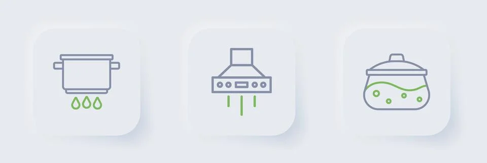 Set line Cooking pot, Kitchen extractor fan and on fire icon. Vector Stock Illustration