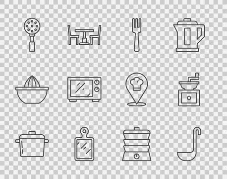 Set line Cooking pot, Kitchen ladle, Fork, Cutting board, Spatula, Microwav.. Stock Illustration