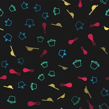 Set line Cooking pot, , Kitchen colander and whisk on seamless pattern. Vecto イラスト素材