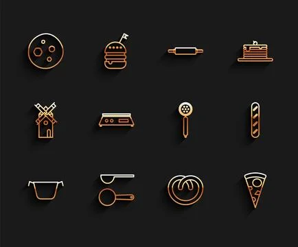 Set line Cooking pot, Measuring spoon, Cookie or biscuit with chocolate, Pretzel Stock Illustration