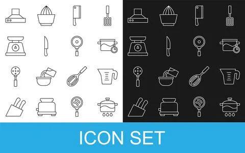 Set line Cooking pot, Measuring cup, Meat chopper, Knife, Scales, Kitchen e.. Stock Illustration