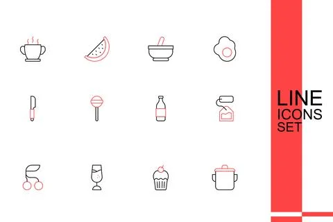 Set line Cooking pot, Muffin, Wine glass, Fresh berries, Tea bag, Bottle of.. Stock Illustration
