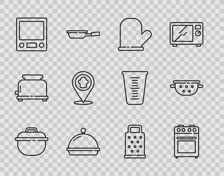 Set line Cooking pot, Oven, glove, Covered with tray of food, Electronic scales Stock Illustration
