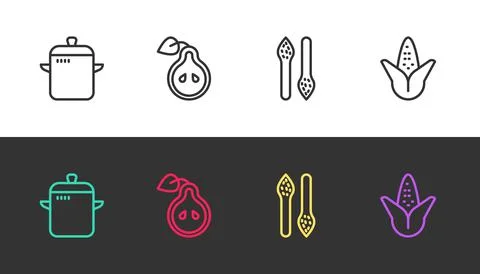 Set line Cooking pot, Pear, Asparagus and Corn on black and white. Vector Stock Illustration