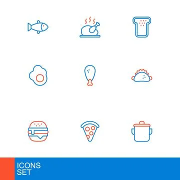 Set line Cooking pot, Slice of pizza, Burger, Taco with tortilla, Scrambled.. Stock Illustration