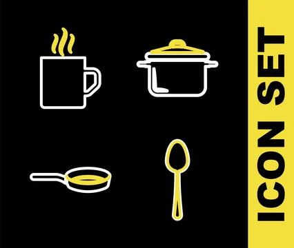 Set line Cooking pot, Spoon, Frying pan and Coffee cup icon. Vector Illustration