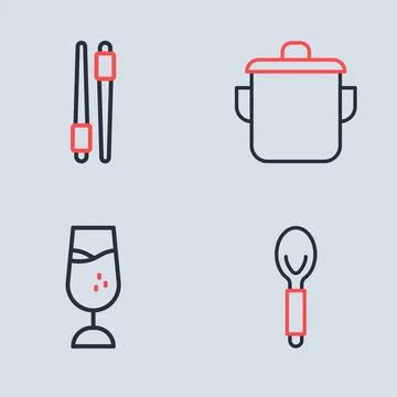 Set line Cooking pot, Wine glass, Spoon and Food chopsticks icon. Vector Stock Illustration