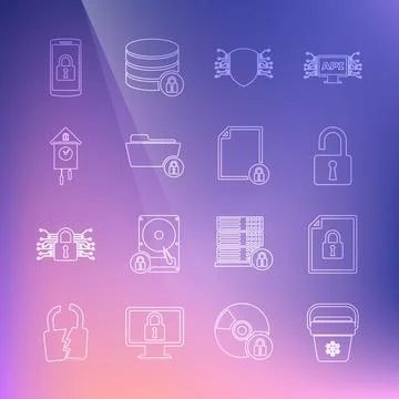 Set line Cooler bag, Document and lock, Open padlock, Cyber security, Folder Stock Illustration