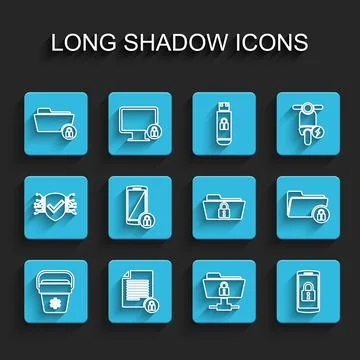 Set line Cooler bag, Document and lock, Folder, FTP folder, Smartphone with, and Illustrazione stock