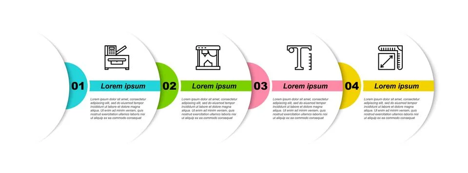 Set line Copy machine, 3D printer, Text and Paper size. Business infographic Illustrazione stock
