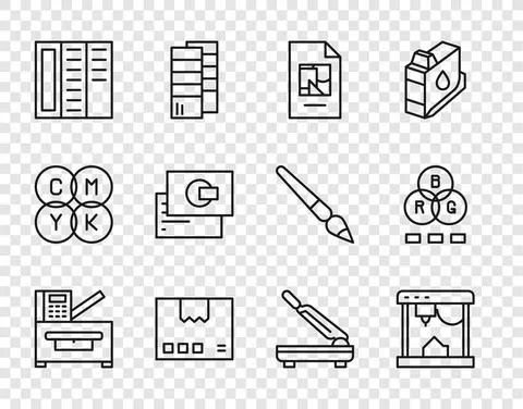 Set line Copy machine, 3D printer, File document, Carton cardboard box, Brochure Stock Illustration
