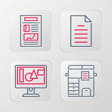 Set line Copy machine, Computer monitor screen, File document and News icon.. Illustrazione stock