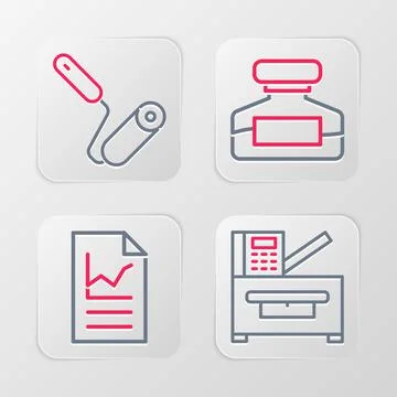 Set line Copy machine, Document with graph chart, Ink bottle and Paint roller イラスト素材