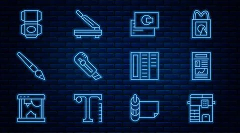 Set line Copy machine, News, Business card, Stationery knife, Paint brush Stock Illustration