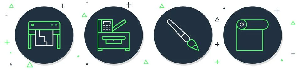 Set line Copy machine, Paint brush, Plotter and Roll of paper icon. Vector Stock Illustration