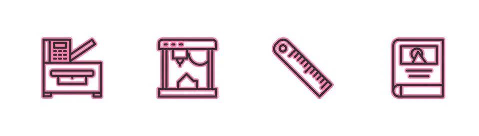 Set line Copy machine, Ruler, 3D printer and Photo album gallery icon. Vector Illustrazione stock